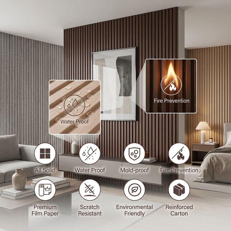 Μοντέρνο εσωτερικό πάνελ τοίχου WPC Wood Grain Fluted σχέδιο για σαλόνι και υπνοδωμάτιο